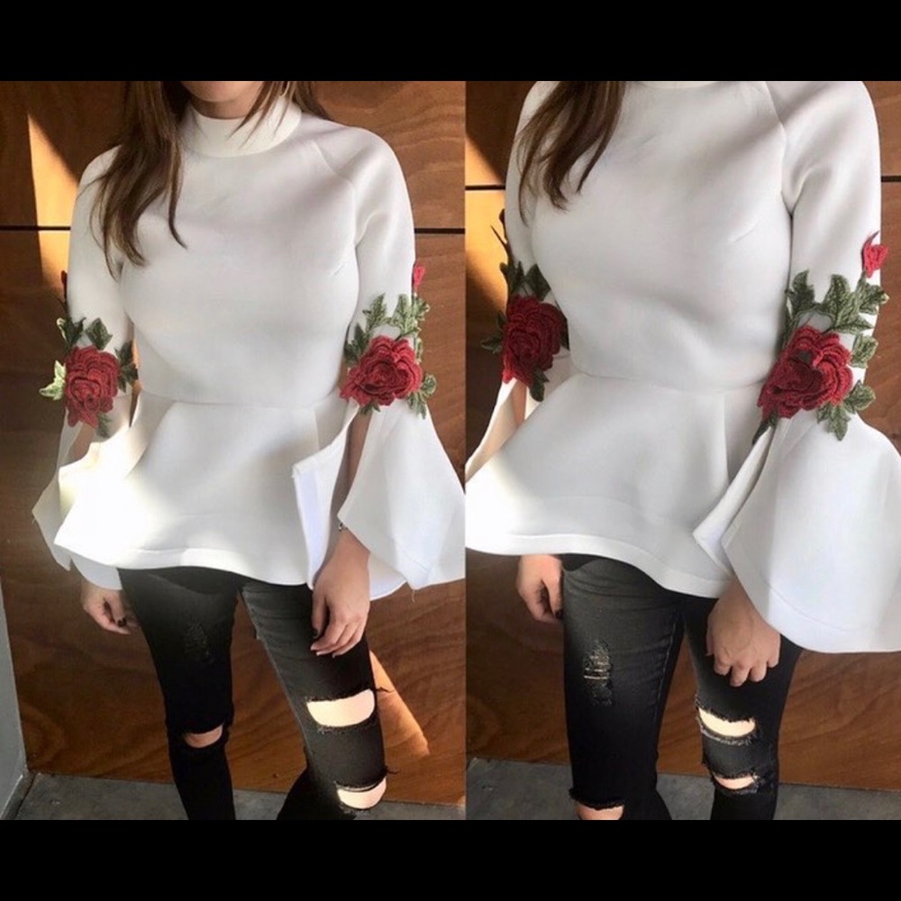 CQ by CQ White Peplum Floral Embroidered Top Large